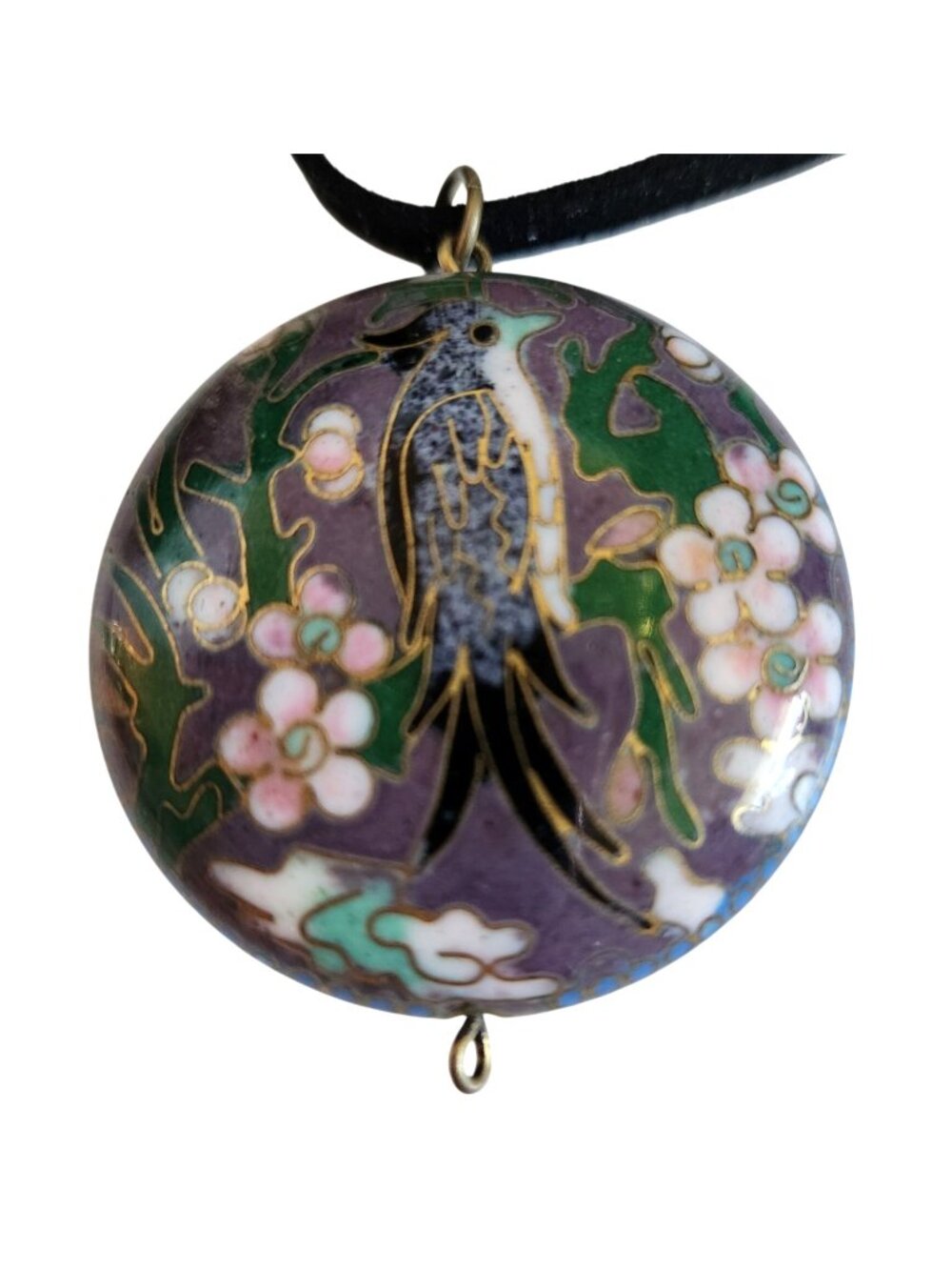 Vintage Cloisonné Bird Pendant Necklace With Floral Motif Black Cord 2" Diameter
